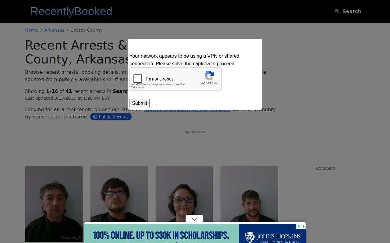 Unofficial Searcy County booking news section on RecentlyBooked