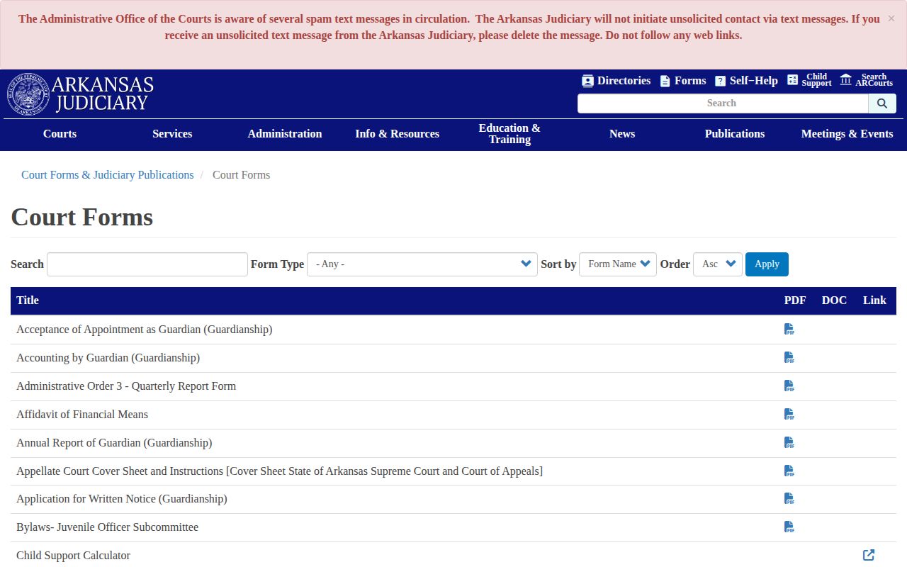 Searcy County booking record sealing forms on the Arkansas Judiciary website