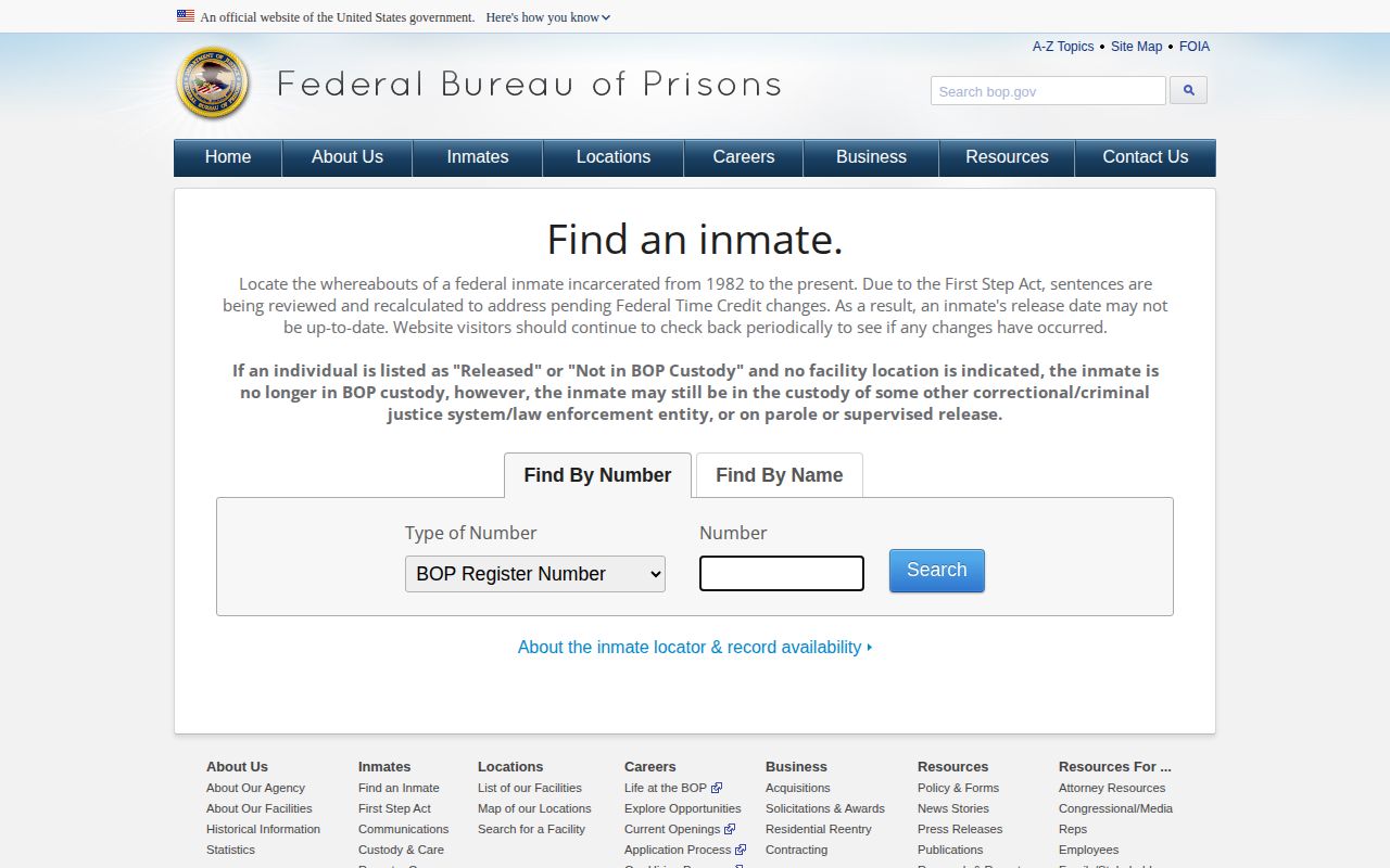 Searcy County federal custody record search on the BOP inmate locator