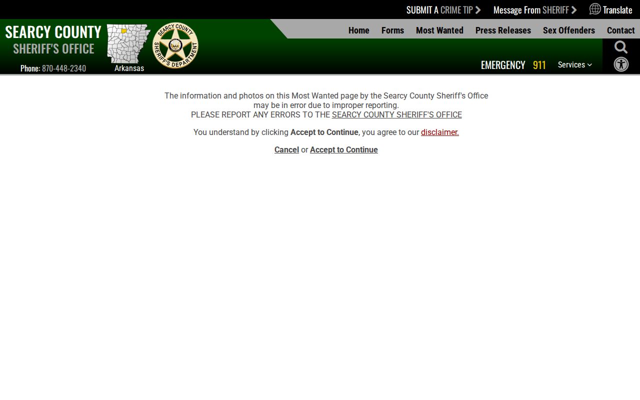 Searcy County wanted fugitive information error disclaimer